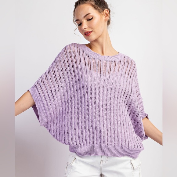 EESOME Crochet Knit Open Weave Dolman Short Sleeve Boho Top In Lavender Purple - Picture 2 of 6